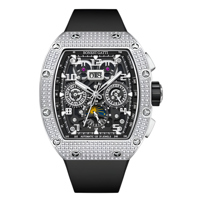 BONEST GATTI BG5004 automatic mechanical watch with diamond bezel and black strap, skeleton dial front view