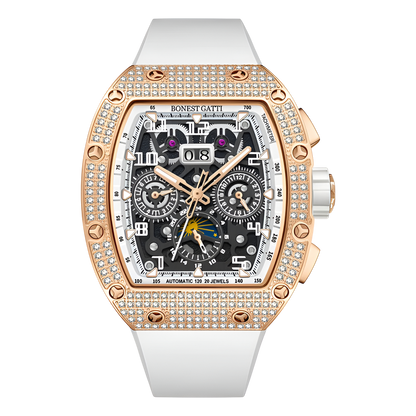 BONEST GATTI BG5004 automatic mechanical watch with rose gold diamond bezel and white strap, skeleton dial front view