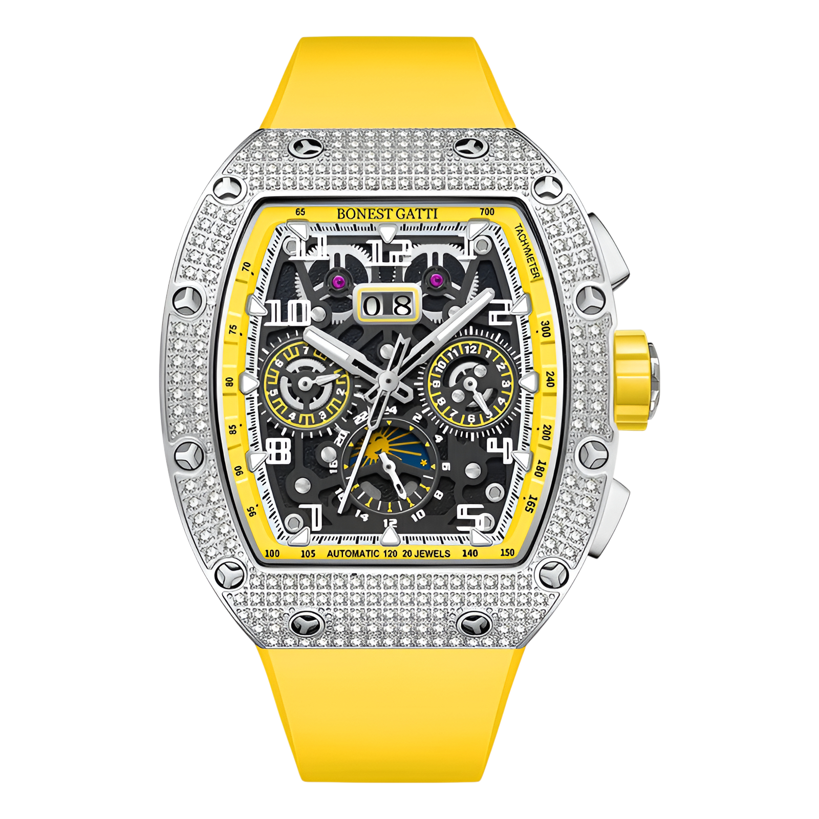 BONEST GATTI BG5004 automatic mechanical watch with diamond bezel and yellow strap, skeleton dial front view