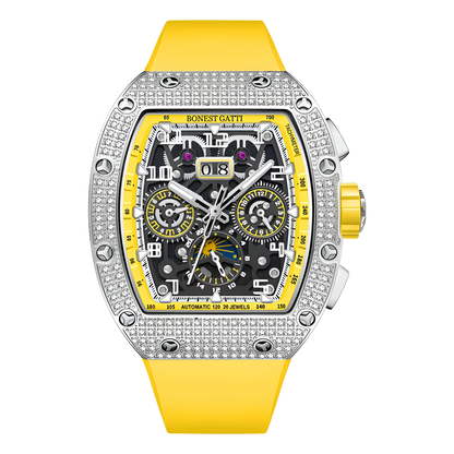 BONEST GATTI BG5004 automatic mechanical watch with diamond bezel and yellow strap, skeleton dial front view