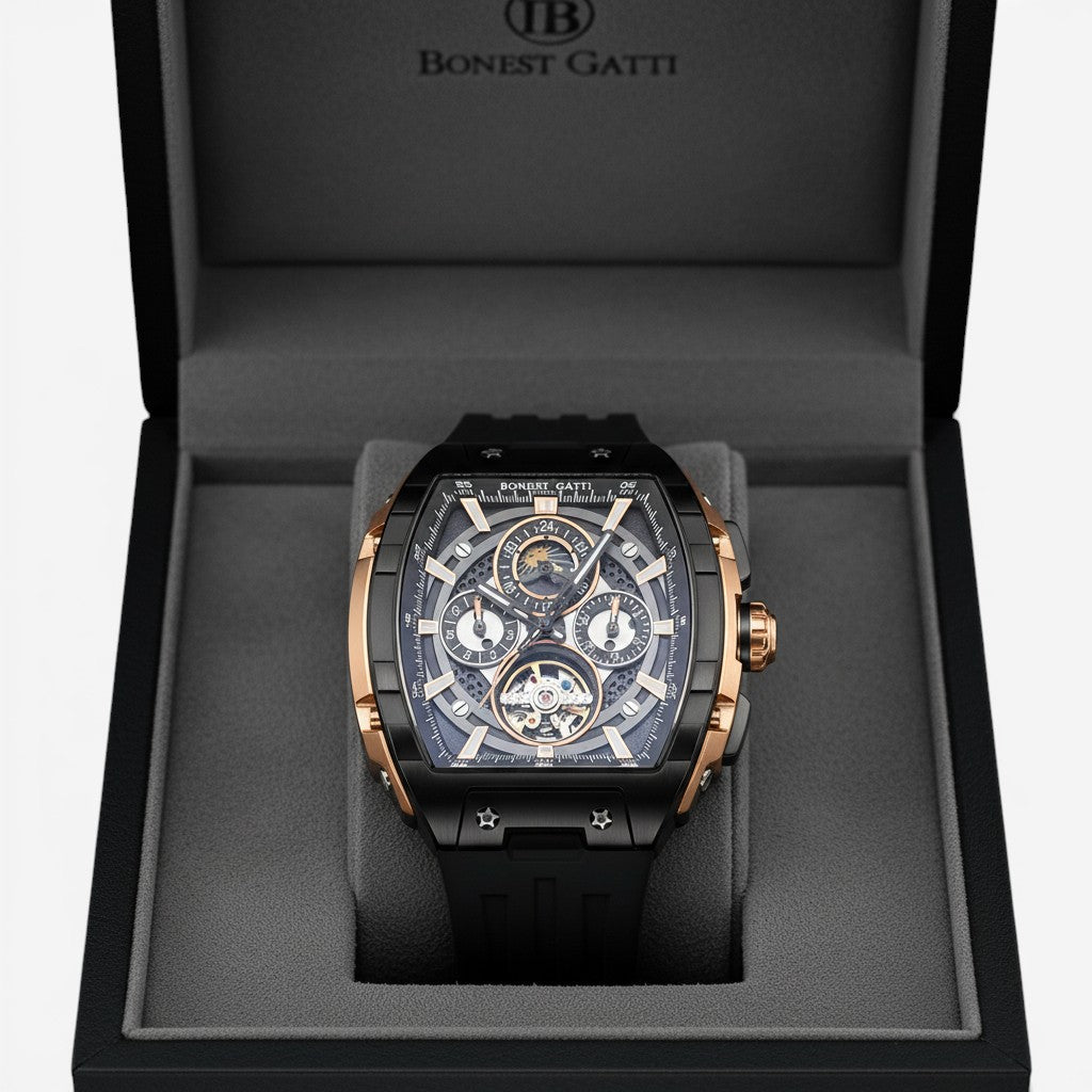 Bonest Gatti BG5005 men’s automatic skeleton watch displayed in luxury presentation box