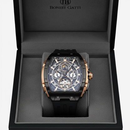 Bonest Gatti BG5005 men’s automatic skeleton watch displayed in luxury presentation box
