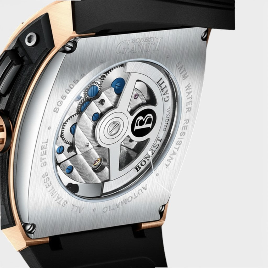 Bonest Gatti BG5005 automatic skeleton watch with transparent case back and mechanical movement