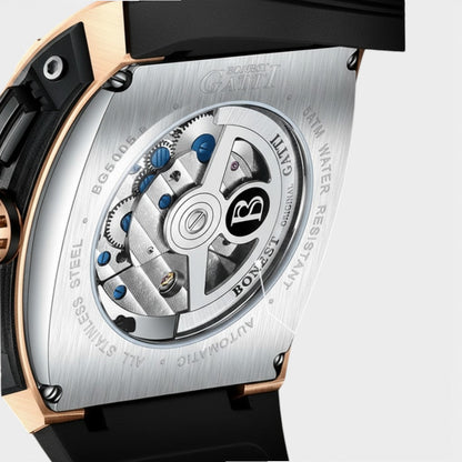Bonest Gatti BG5005 automatic skeleton watch with transparent case back and mechanical movement