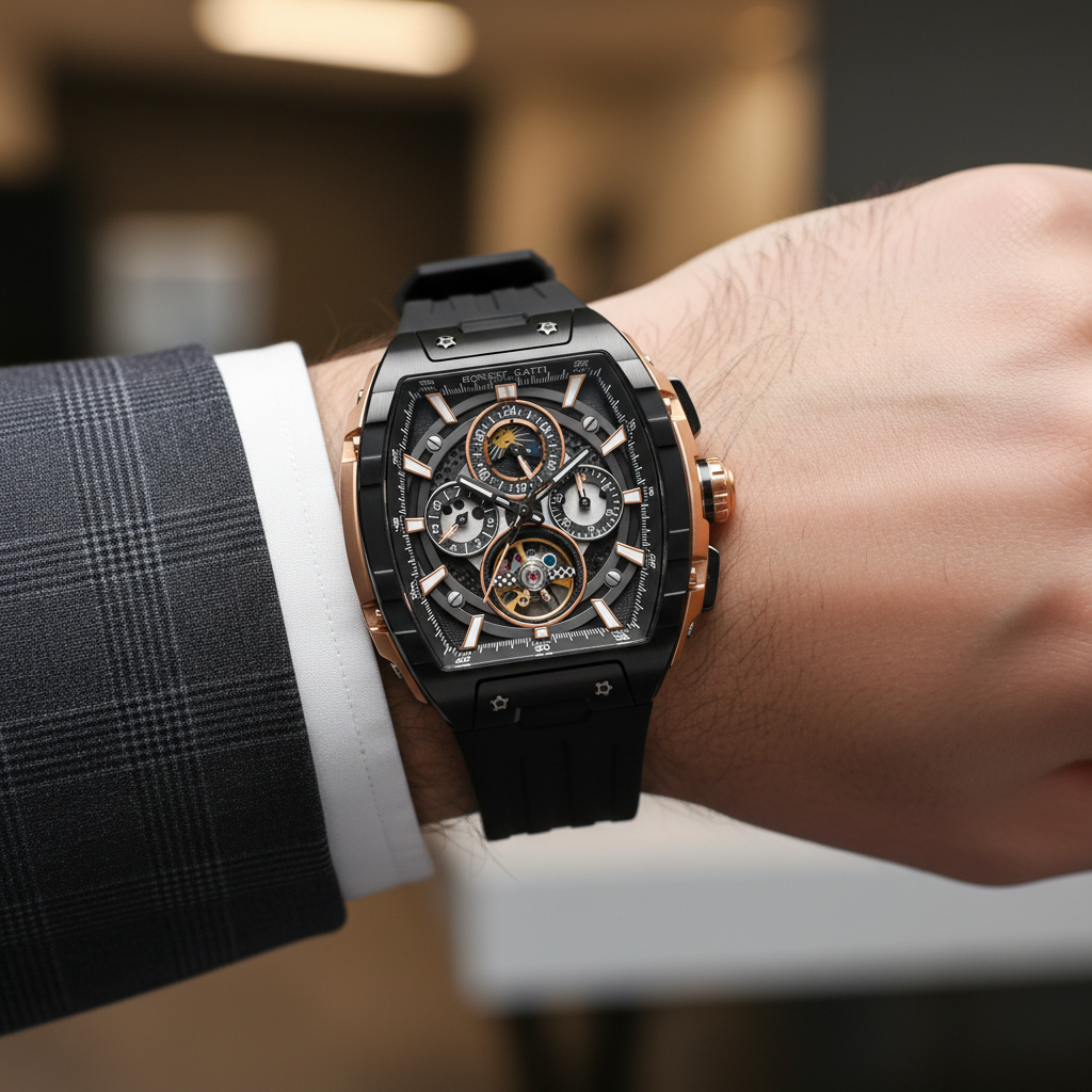 Bonest Gatti BG5005 men’s automatic skeleton watch worn on wrist in elegant lifestyle setting