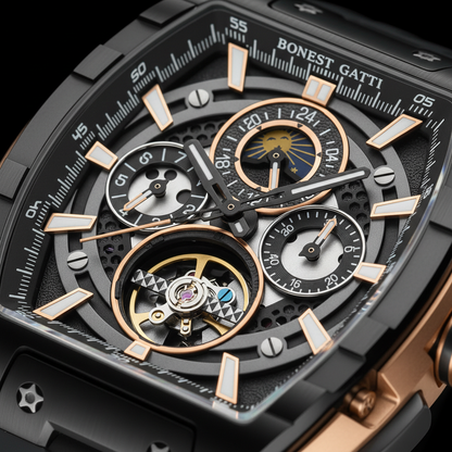 Bonest Gatti BG5005 men’s automatic skeleton watch close up of dial and exposed mechanical components