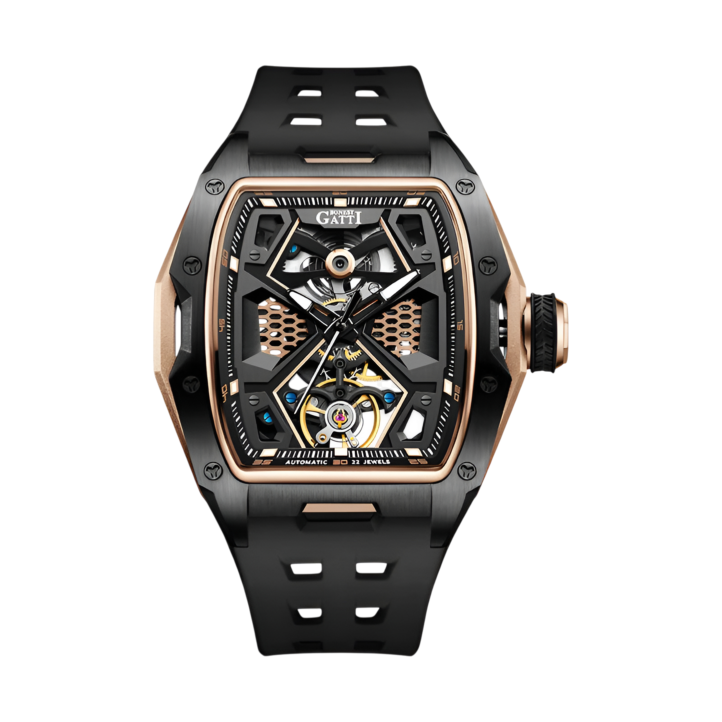 BONEST GATTI BG5501 automatic mechanical watch for men with black strap, rose gold accents, skeleton dial and sapphire glass
