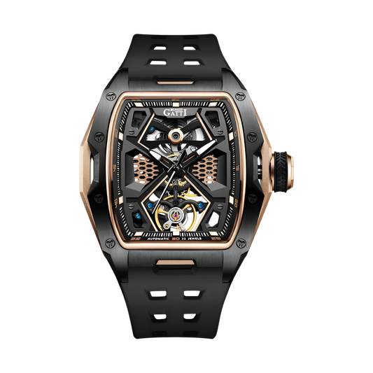 BONEST GATTI BG5501 automatic mechanical watch for men with black strap, rose gold accents, skeleton dial and sapphire glass