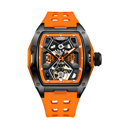 BONEST GATTI BG5501 automatic mechanical watch for men with orange strap, black case, skeleton dial and sapphire crystal front view