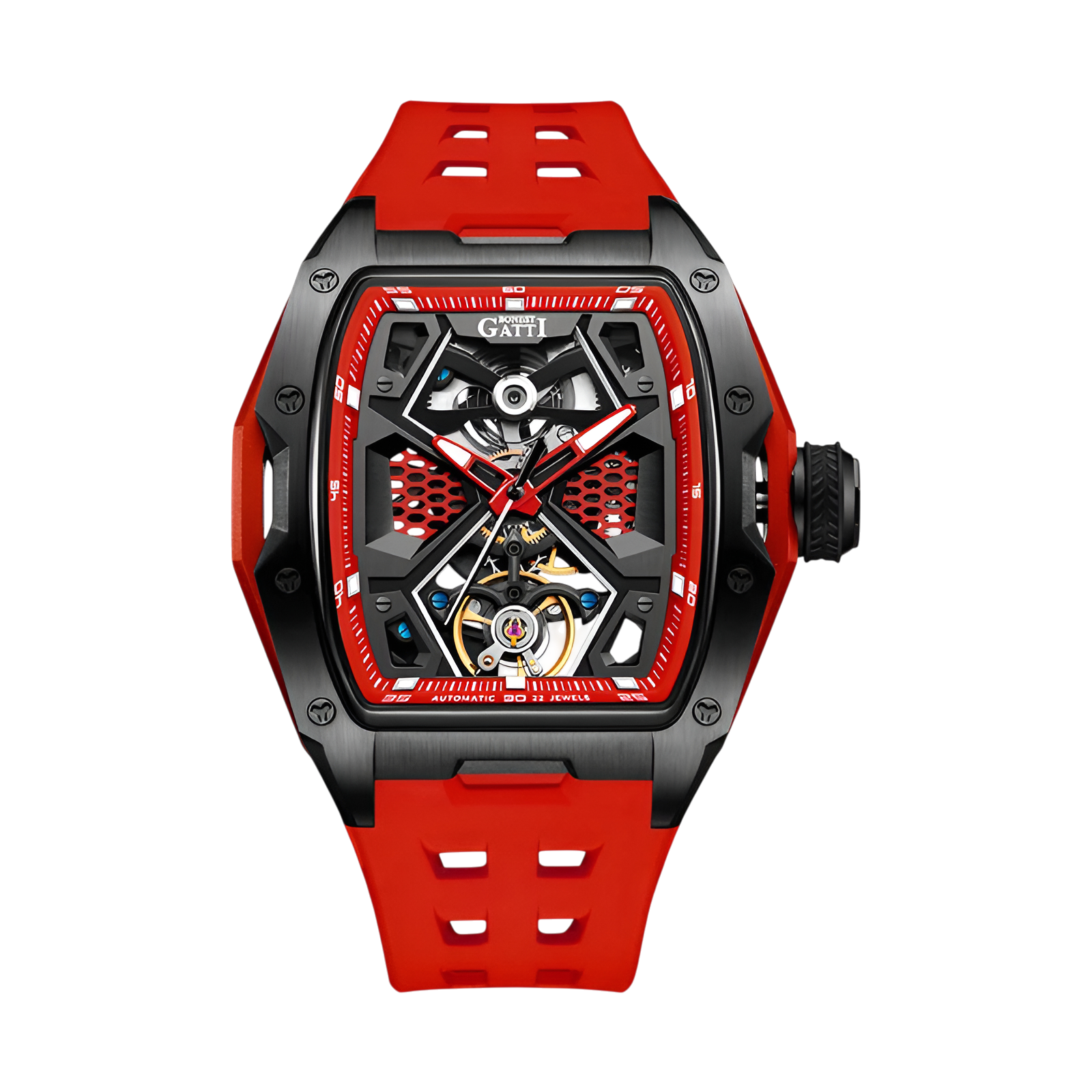 BONEST GATTI BG5501 automatic mechanical watch for men with red strap, black case, exposed mechanical movement and sapphire crystal