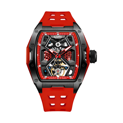 BONEST GATTI BG5501 automatic mechanical watch for men with red strap, black case, exposed mechanical movement and sapphire crystal