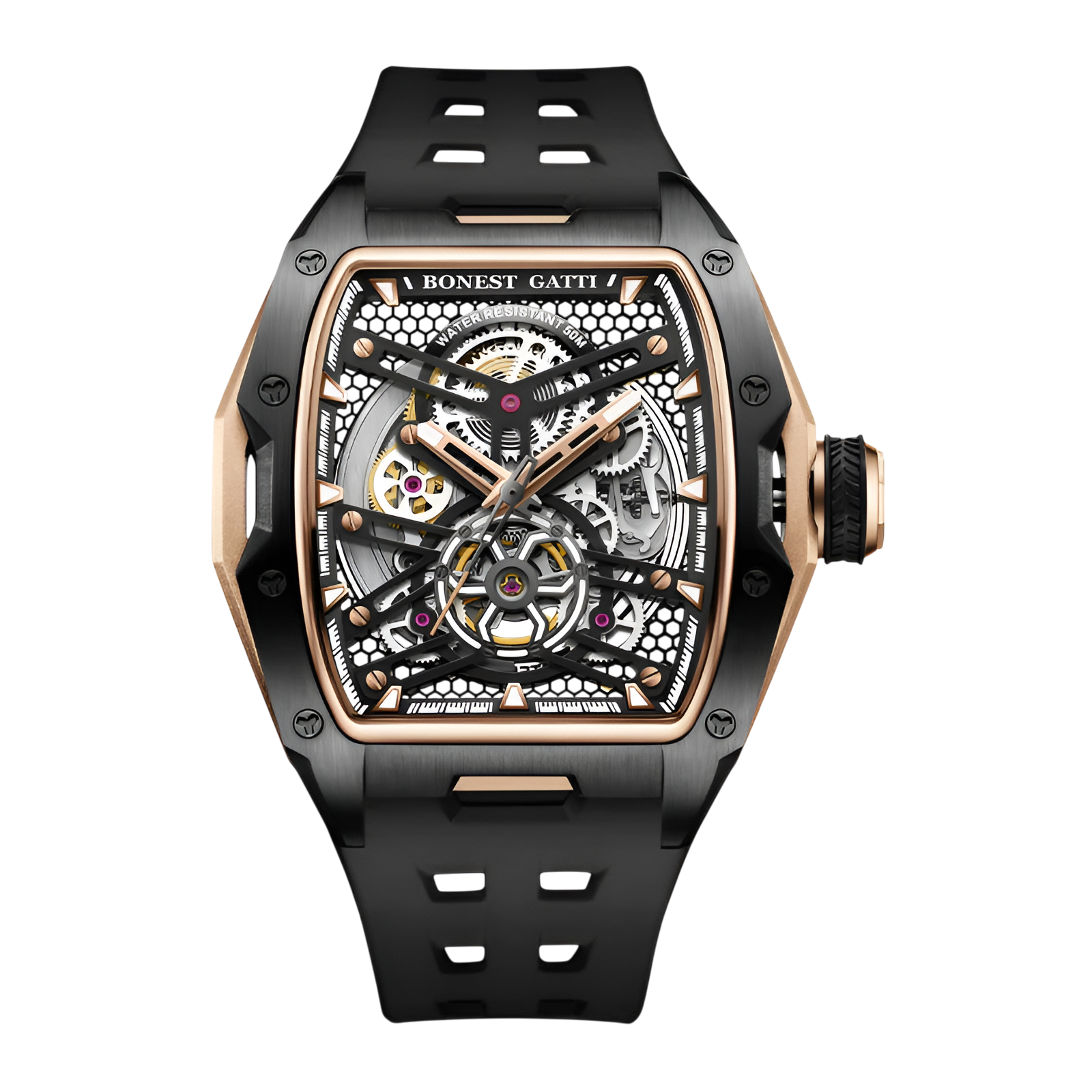 BONEST GATTI BG5502 skeleton mechanical watch for men with black case, rose gold accents and open worked tonneau dial