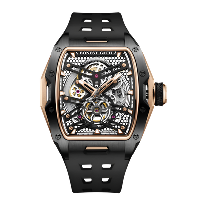 BONEST GATTI BG5502 skeleton mechanical watch for men with black case, rose gold accents and open worked tonneau dial