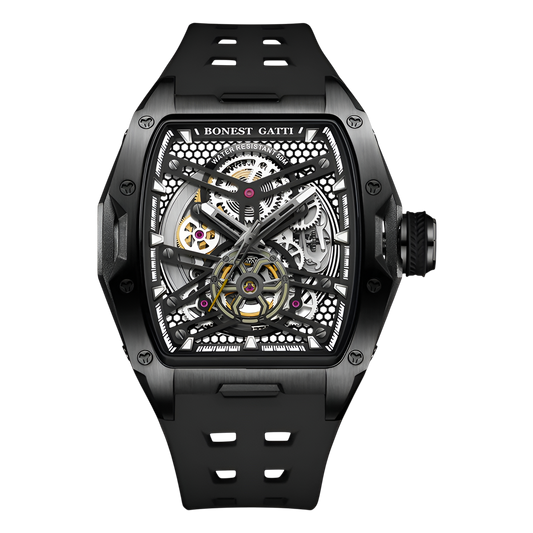 BONEST GATTI BG5502 skeleton mechanical watch for men featuring full black case and exposed mechanical movement