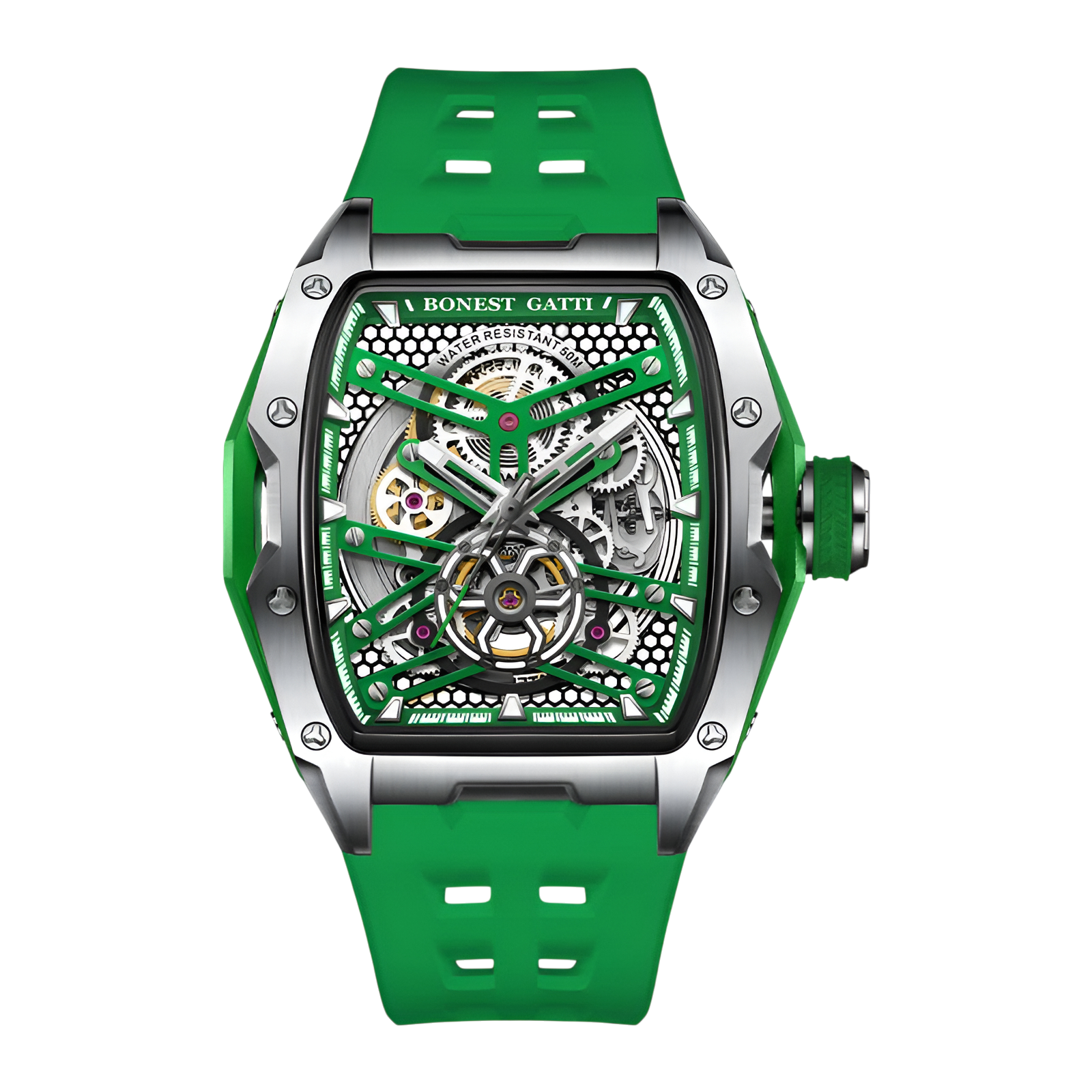 BONEST GATTI BG5502 skeleton mechanical watch for men with green strap, silver case and open worked tonneau dial