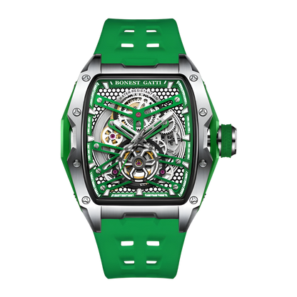 BONEST GATTI BG5502 skeleton mechanical watch for men with green strap, silver case and open worked tonneau dial