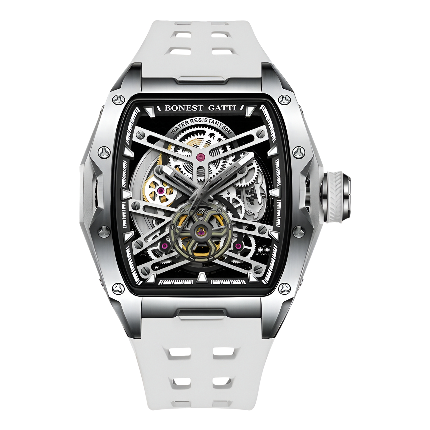 BONEST GATTI BG5502 skeleton mechanical watch for men featuring white strap, silver case and exposed mechanical movement