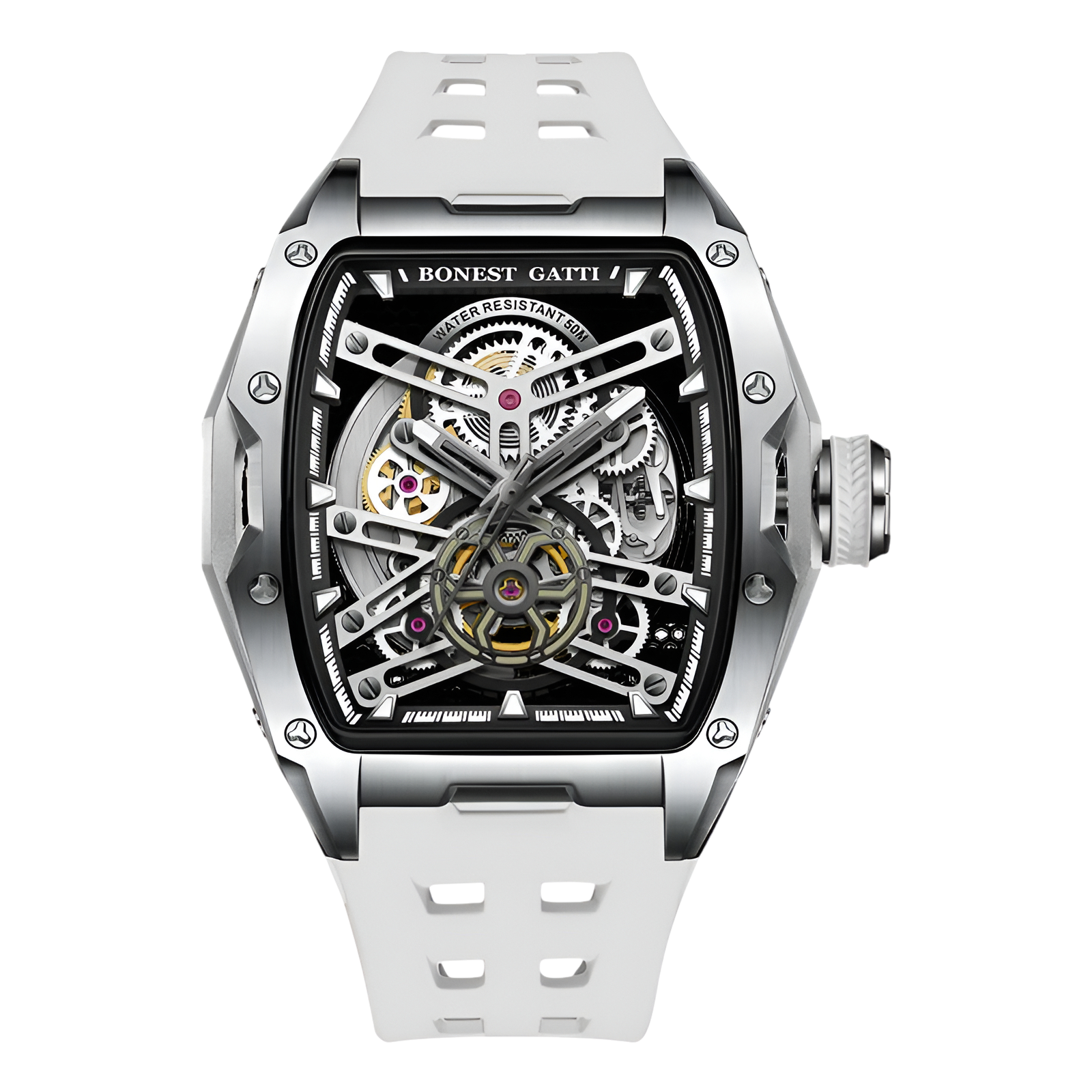 BONEST GATTI BG5502 skeleton mechanical watch for men featuring white strap, silver case and exposed mechanical movement