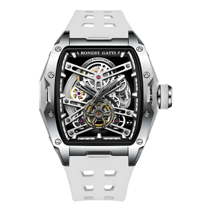 BONEST GATTI BG5502 skeleton mechanical watch for men featuring white strap, silver case and exposed mechanical movement