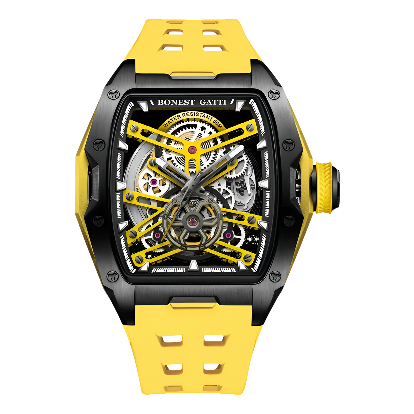 BONEST GATTI BG5502 skeleton mechanical watch for men with yellow strap, black case and bold skeleton dial design