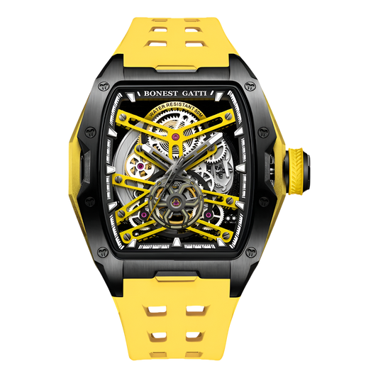 BONEST GATTI BG5502 skeleton mechanical watch for men with yellow strap, black case and bold skeleton dial design