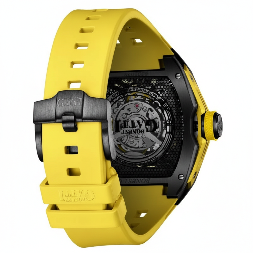 BONEST GATTI BG5502 mechanical skeleton watch for men with yellow strap, transparent case back revealing automatic movement