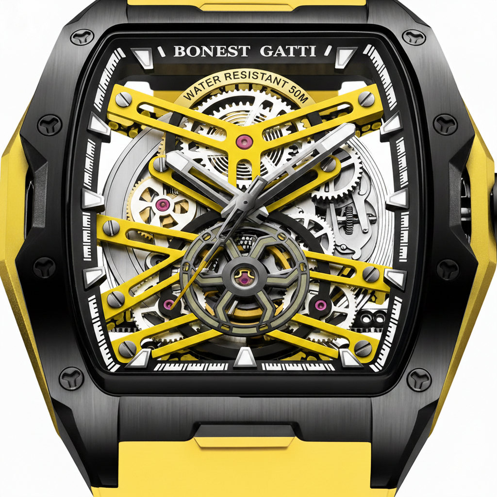 BONEST GATTI BG5502 skeleton mechanical watch dial macro showing exposed gears, balance wheel, and yellow structural bridges