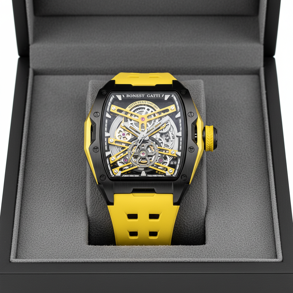 BONEST GATTI BG5502 skeleton mechanical men’s watch yellow edition displayed in premium presentation box
