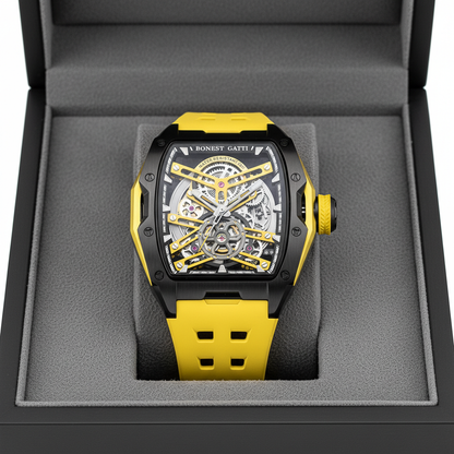 BONEST GATTI BG5502 skeleton mechanical men’s watch yellow edition displayed in premium presentation box