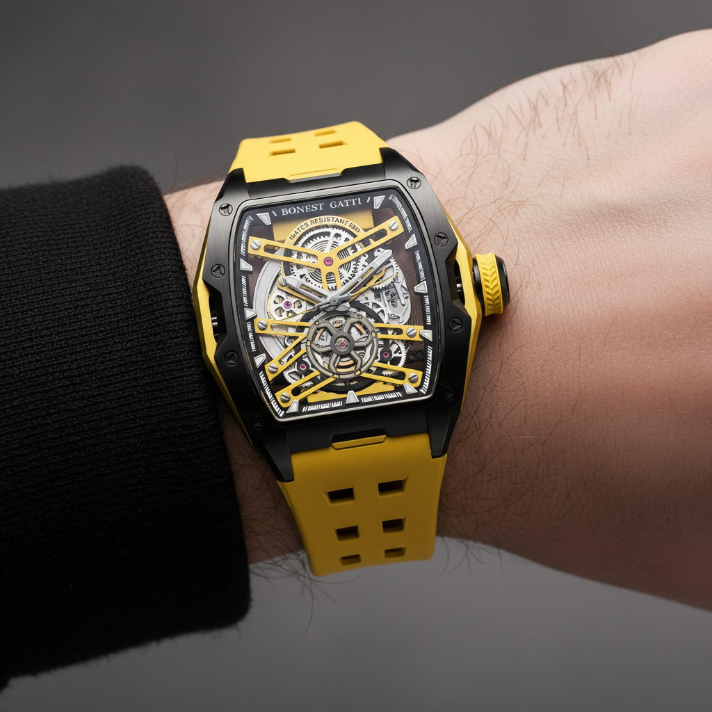BONEST GATTI BG5502 skeleton mechanical watch for men worn on wrist, yellow strap with bold luxury sports design