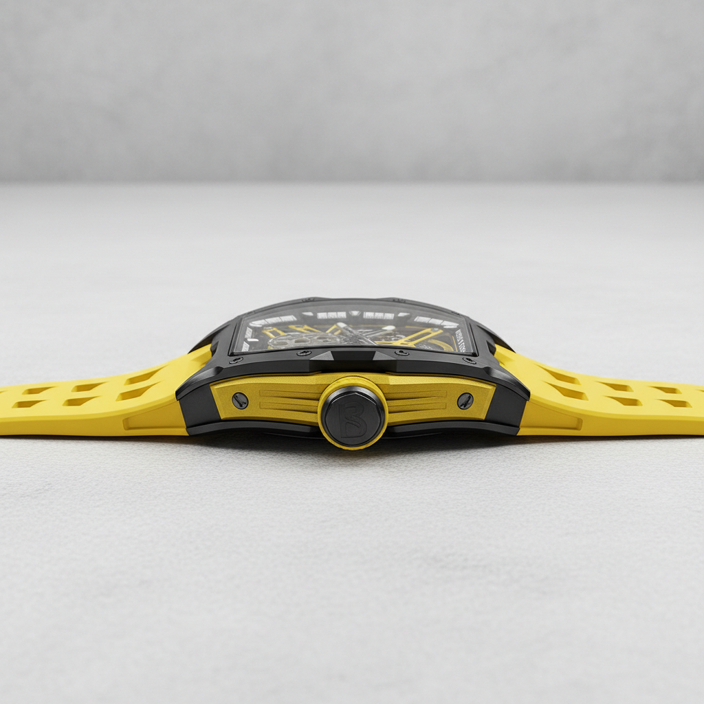 BONEST GATTI BG5502 skeleton mechanical watch for men with yellow strap, side profile showing crown and slim case design