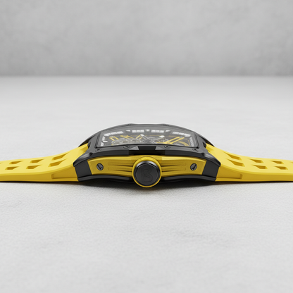 BONEST GATTI BG5502 skeleton mechanical watch for men with yellow strap, side profile showing crown and slim case design