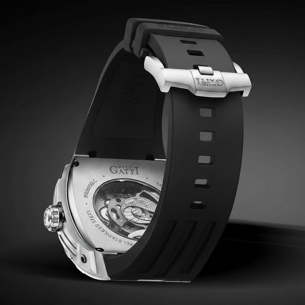 Bonest Gatti BG5605 smooth case automatic watch black rubber strap and buckle detail