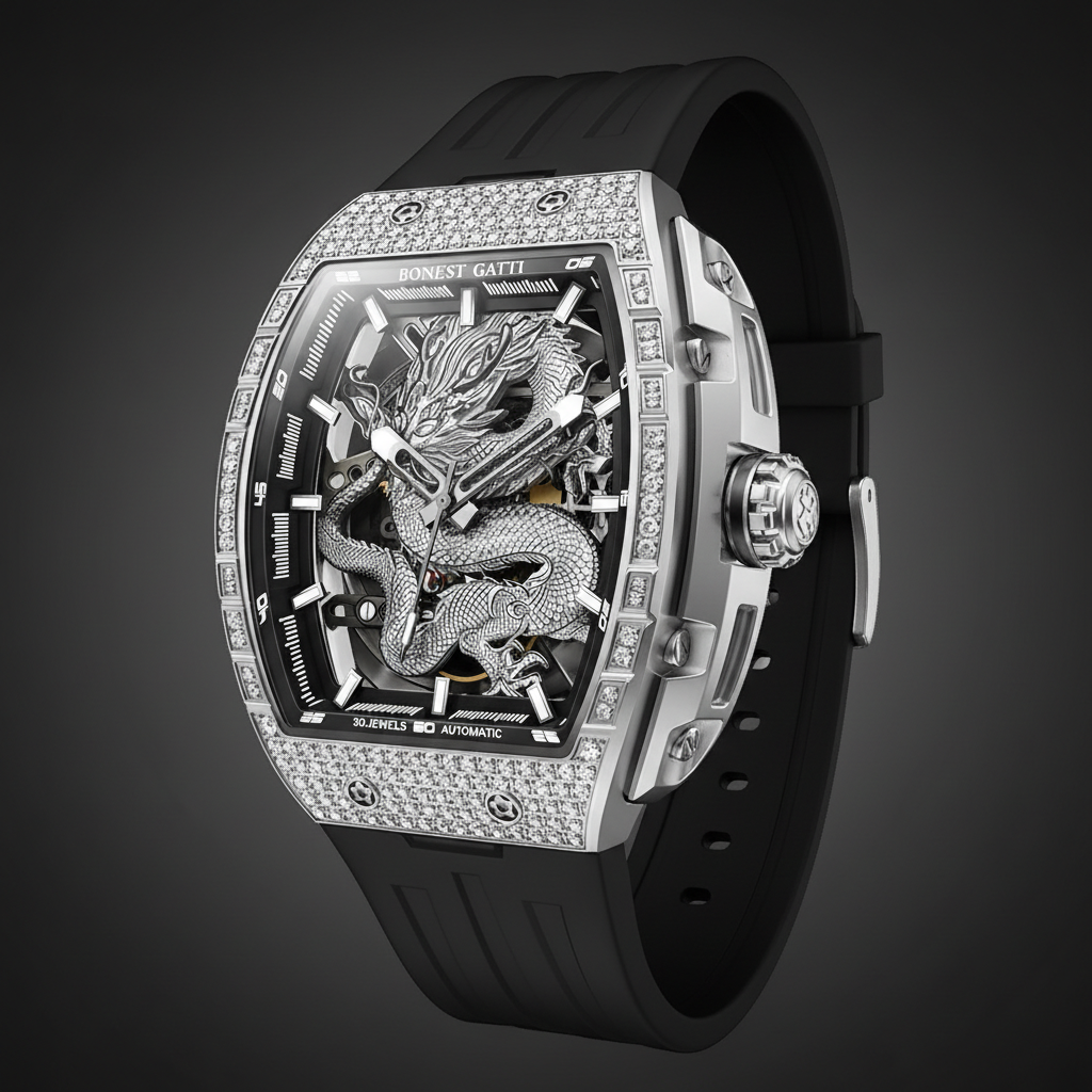 Bonest Gatti BG5605 iced bezel dragon skeleton automatic watch angled view
