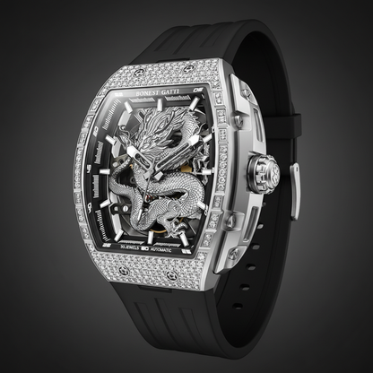 Bonest Gatti BG5605 iced bezel dragon skeleton automatic watch angled view