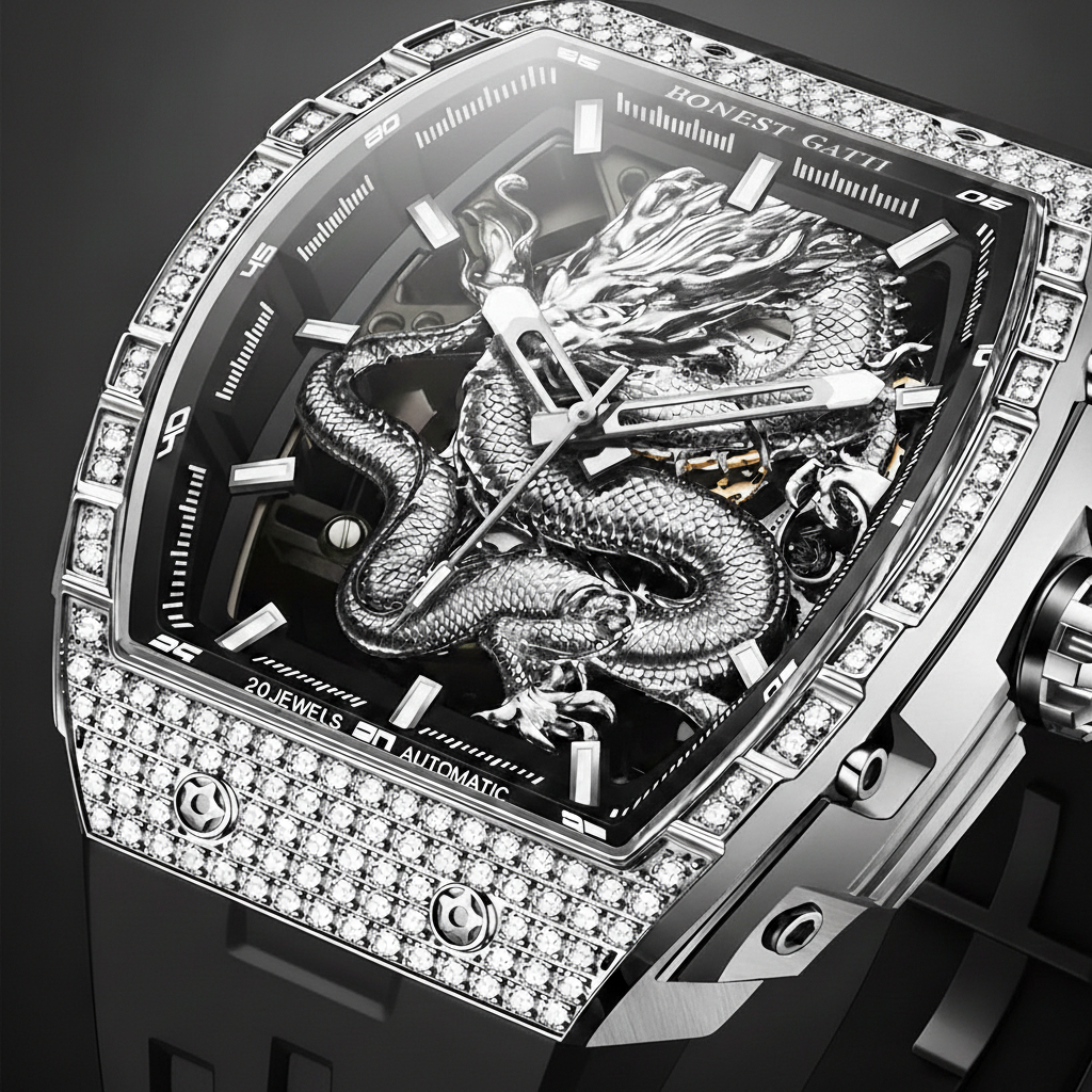 Bonest Gatti BG5605 dragon skeleton dial macro showing detailed dragon engraving