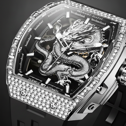 Bonest Gatti BG5605 dragon skeleton dial macro showing detailed dragon engraving