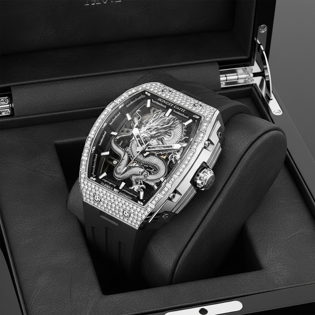 Bonest Gatti BG5605 iced bezel dragon skeleton automatic watch in presentation box