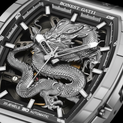 Bonest Gatti BG5605 dragon skeleton dial macro showing detailed dragon engraving