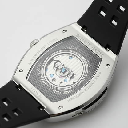 Bonest Gatti BG5701 men’s skeleton automatic watch Phantom Speed caseback showing transparent mechanical movement