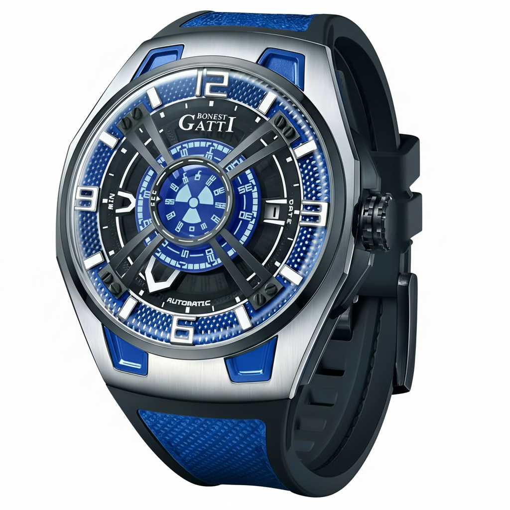 Bonest Gatti BG5803 automatic mechanical watch with blue skeleton dial and stainless steel case front view