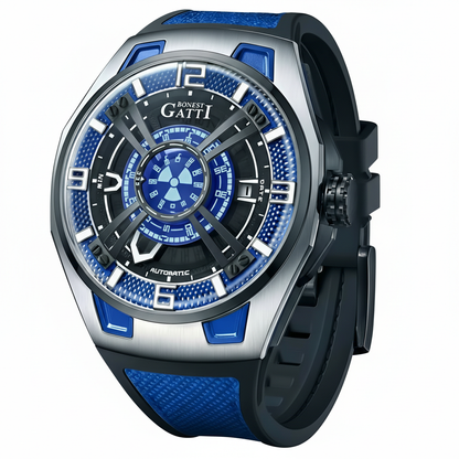 Bonest Gatti BG5803 automatic mechanical watch with blue skeleton dial and stainless steel case front view