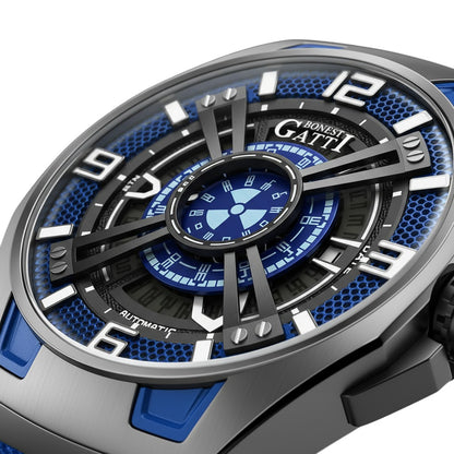 Macro view of Bonest Gatti BG5803 skeleton dial with blue accents and luminous markers