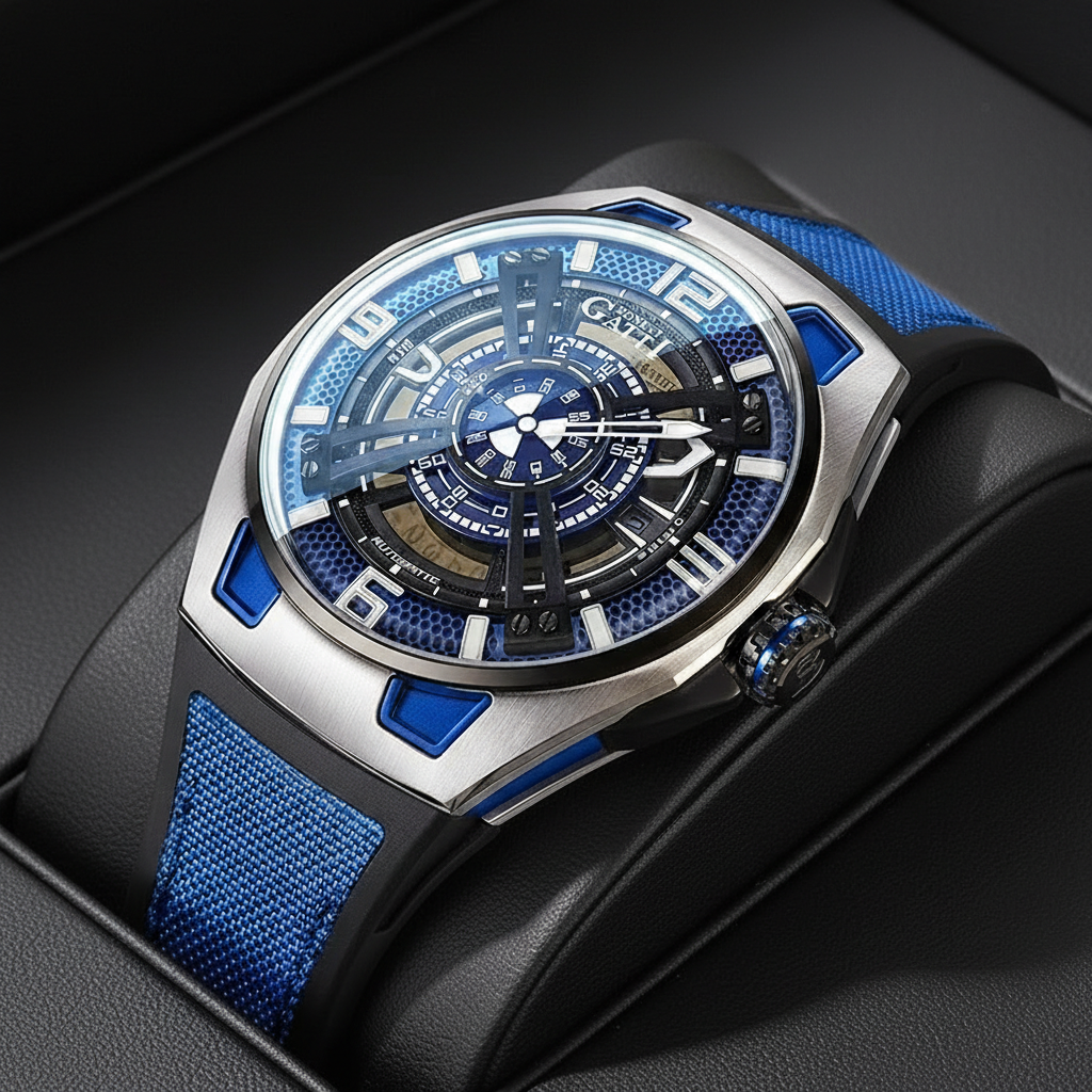 Bonest Gatti BG5803 automatic mechanical watch displayed on luxury cushion with blue skeleton dial