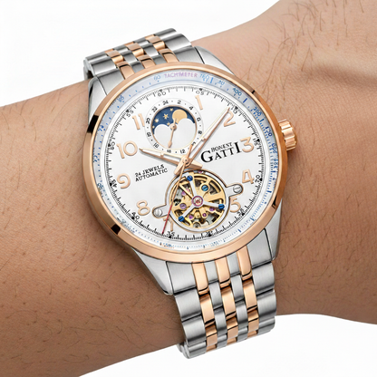 BONEST GATTI BG5808 automatic skeleton watch worn on wrist with stainless steel and rose gold bracelet and open flywheel dial.