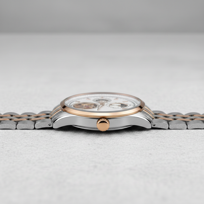 BONEST GATTI BG5808 automatic skeleton watch side profile showing slim case thickness, sapphire crystal and rose gold crown detail.