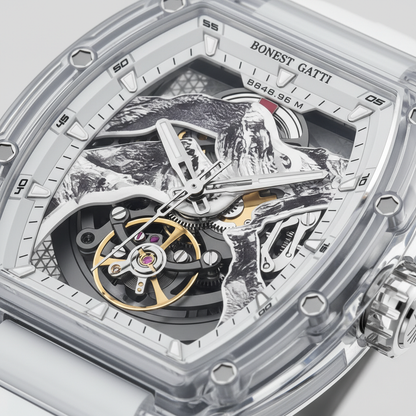 BONEST GATTI BG6001 skeleton dial macro revealing mechanical movement inside transparent acrylic case