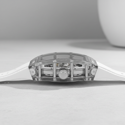BONEST GATTI BG6001 automatic skeleton watch side profile showing transparent acrylic case and crown detail