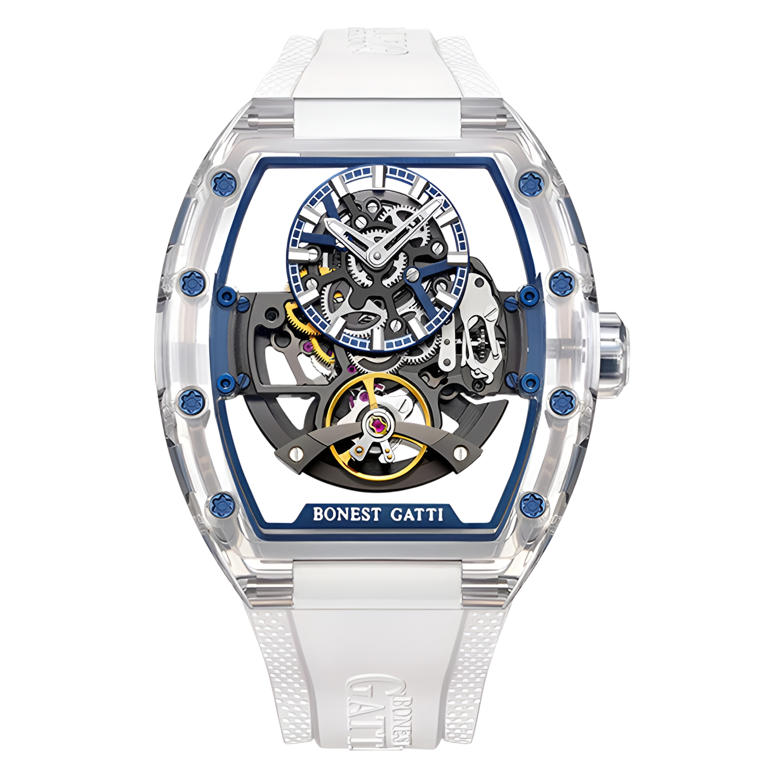 BONEST GATTI BG6005 men’s transparent automatic mechanical watch with white case, blue accents and skeleton dial front view