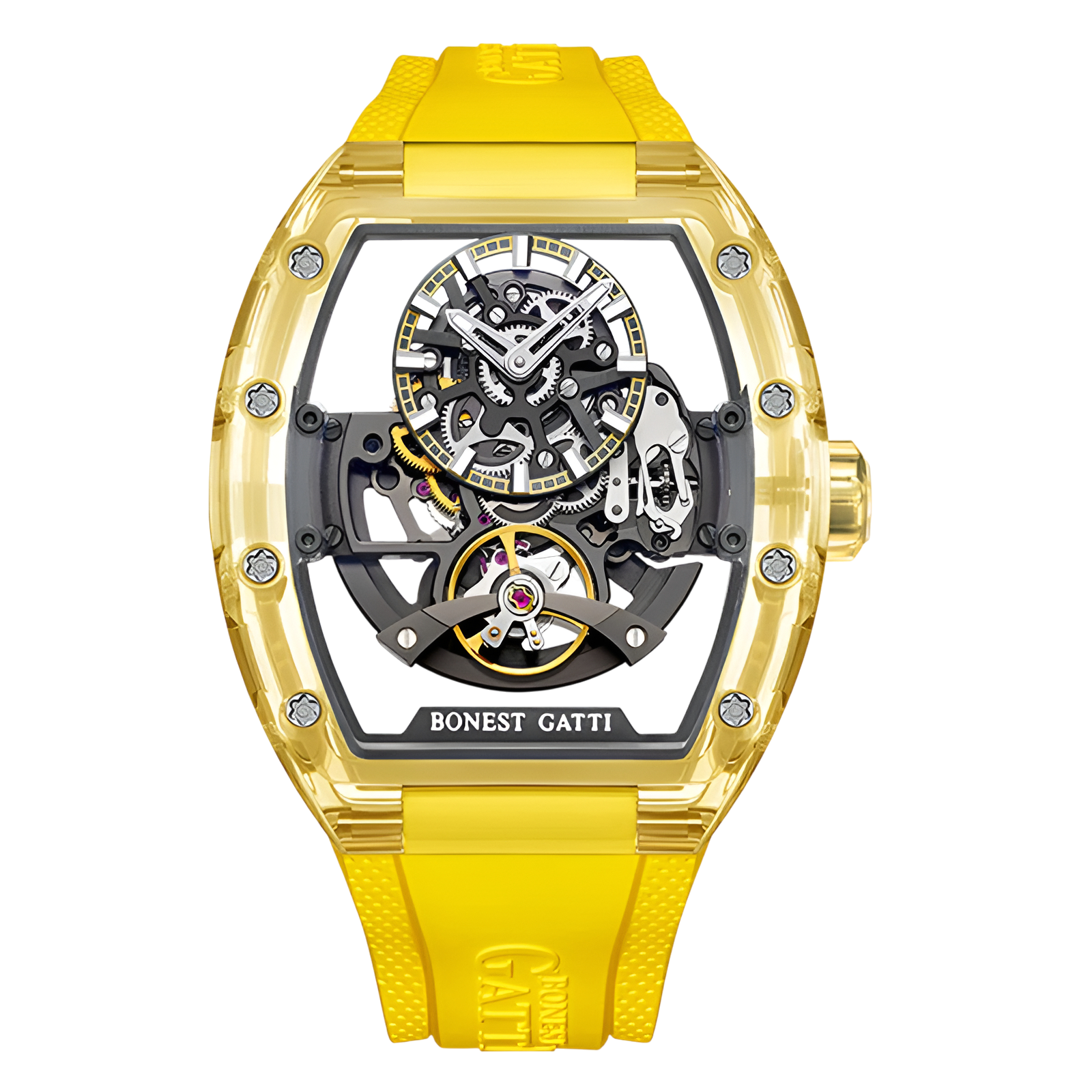 BONEST GATTI BG6005 men’s transparent automatic mechanical watch with yellow case and yellow rubber strap, skeleton dial front view